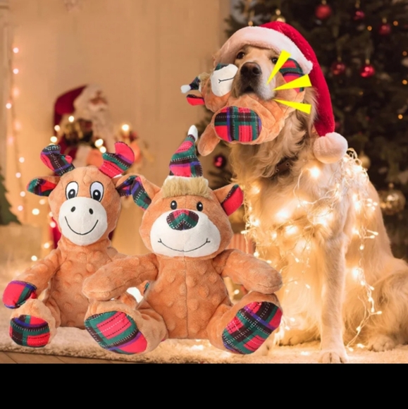 Christmas Reindeer Dog Toy with Plaid Hat and Crinkle - Picture 5 of 6